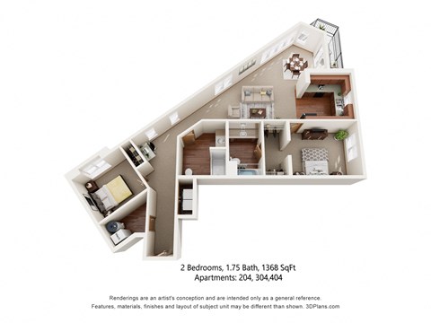 2-bedroom, 1.75 bath apartment.